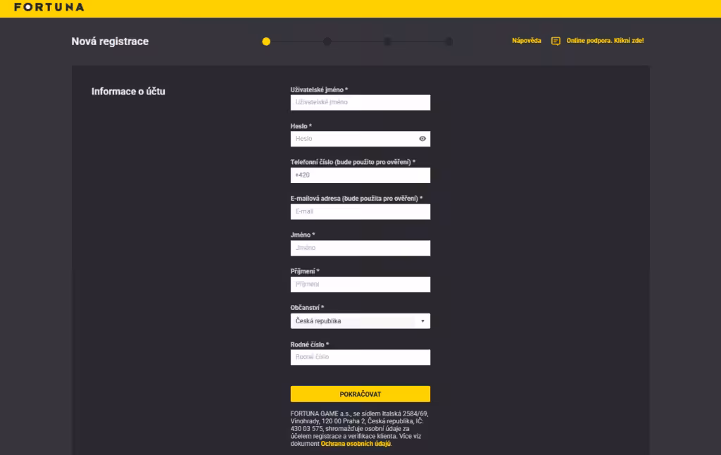 Fortuna registrační formulář Fortuna registrační formulář