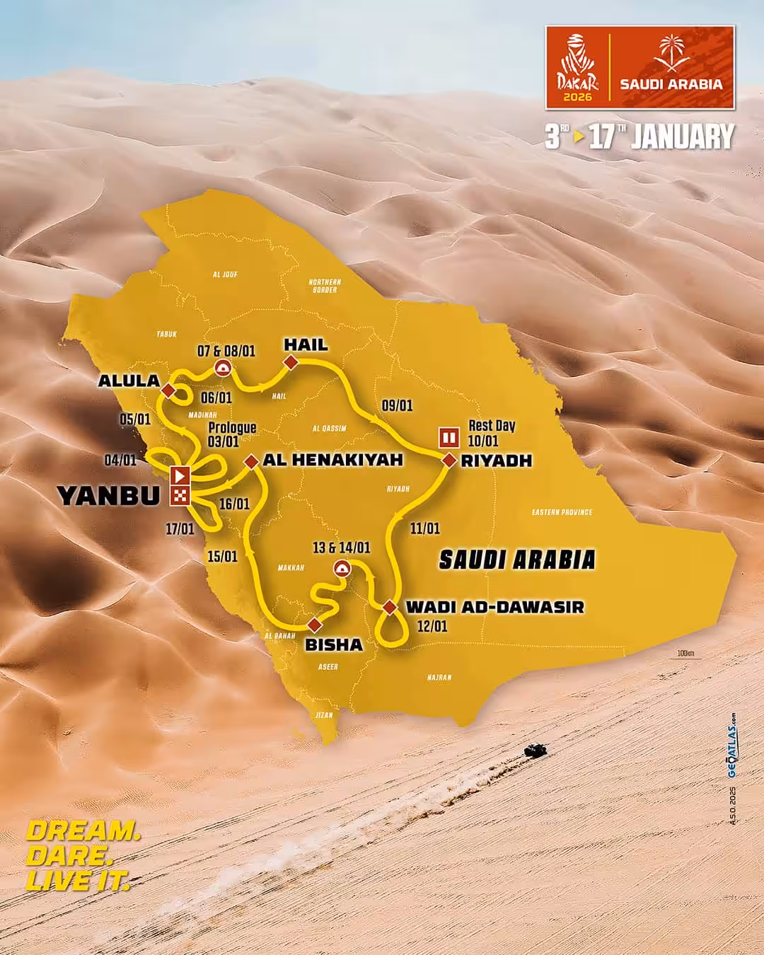 Rally Dakar 2026 – výsledky, konečné pořadí Čechů a kde sledovat živě 2 Rally Dakar 2026 mapa