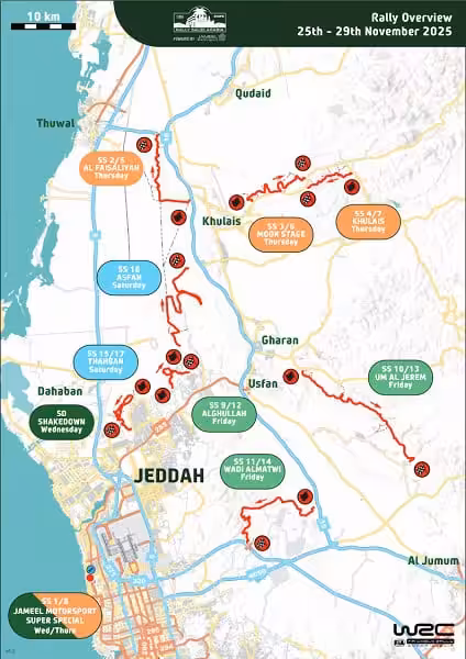 WRC Saúdská Arábie 2025 – program, mapa, výsledky, live přenosy 3 Mapa WRC Saúdské Arábie 2025